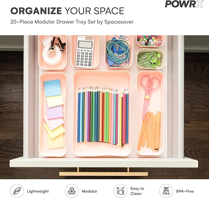 Spacesaver 20-Piece Plastic Drawer Organizer Set – Office, Makeup, Vanity, Bathroom & Desk Drawer Storage Trays – Stackable, Durable PP Bins in Multiple Sizes for Home & Office Organization