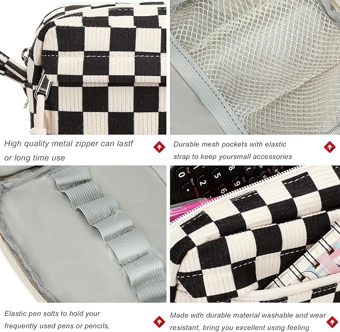 Bluboon Big Capacity Pencil Case Pouch Pen Case School Supplies - Cute Pencil Box Bag for Teen Girls Boys Women Man (Black White Checked)
