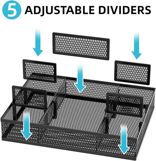 Marbrasse 2 Pack Desk Drawer Organizer, Mesh Drawer Organizer Tray with 8 Adjustable Compartments, Desk Organizers and Accessories, 5 Dividers Drawer for Office Supplies, Makeup & Vanity (Black)