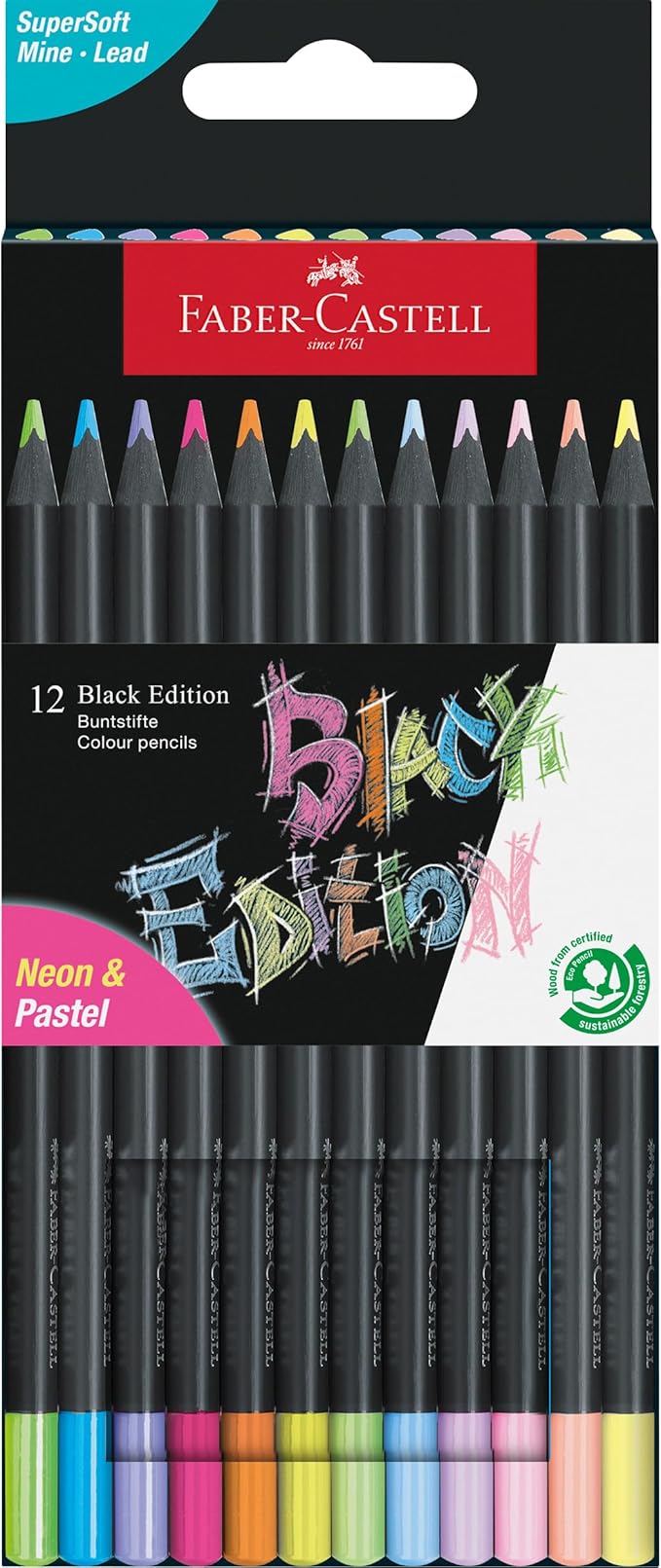 Faber-Castell Black Edition Colored Pencils, Neon & Pastel 1 Count (Pack of 12)