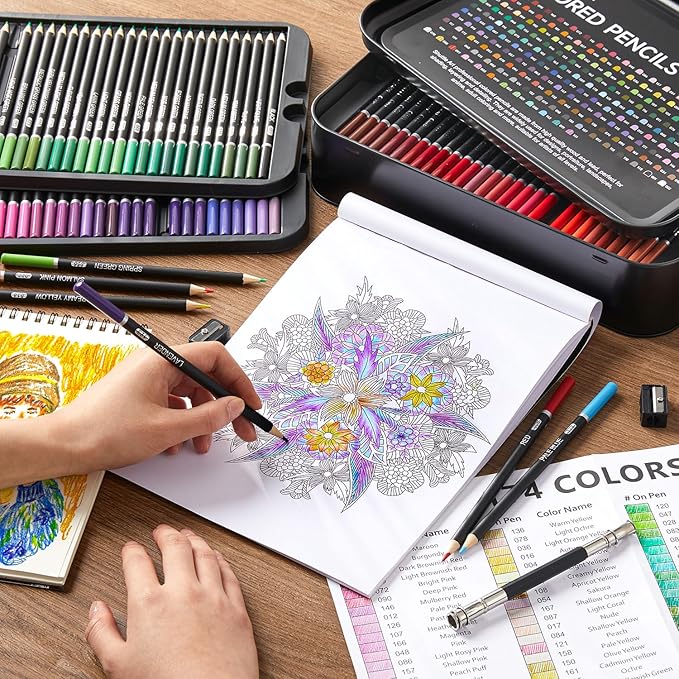 174 Colors Professional Colored Pencils, Shuttle Art Soft Core Coloring Pencils Set with 1 Coloring Book,1 Sketch Pad, 4 Sharpener, 2 Pencil Extender, Perfect for Artists Kids Adults Coloring, Drawing