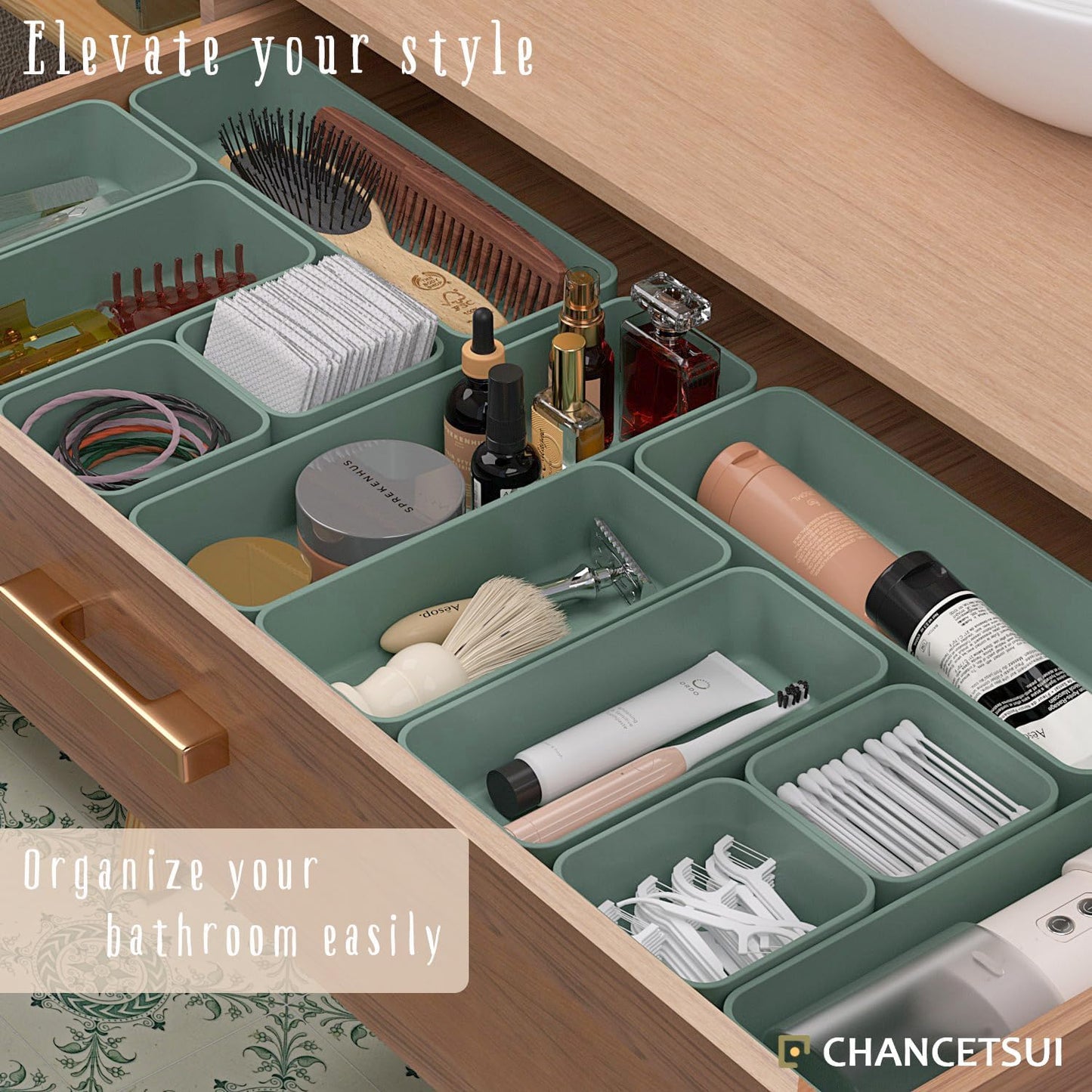 CHANCETSUI 6 PCS Stackable Drawer Organizers Set, Versatile Desk and Vanity Drawer Organizer Trays, Storage Bins for Makeup, Bathroom, Bedroom, Kitchen and Office, Green