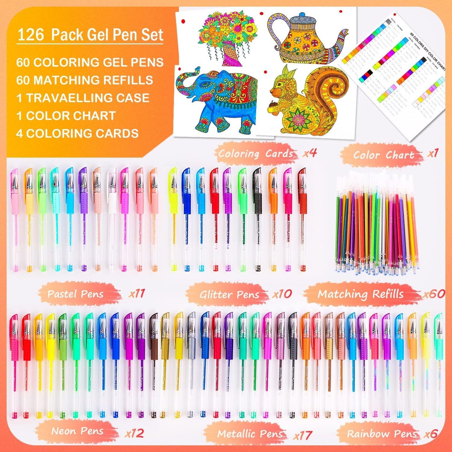 Soucolor Markers for Adult Coloring Books, Coloring Markers for Teacher Appreciation Gift School Office Supplies, 120-Piece Art Set: 60 Gel Pens + 60 Refills with Travel Case for Kids Card Making