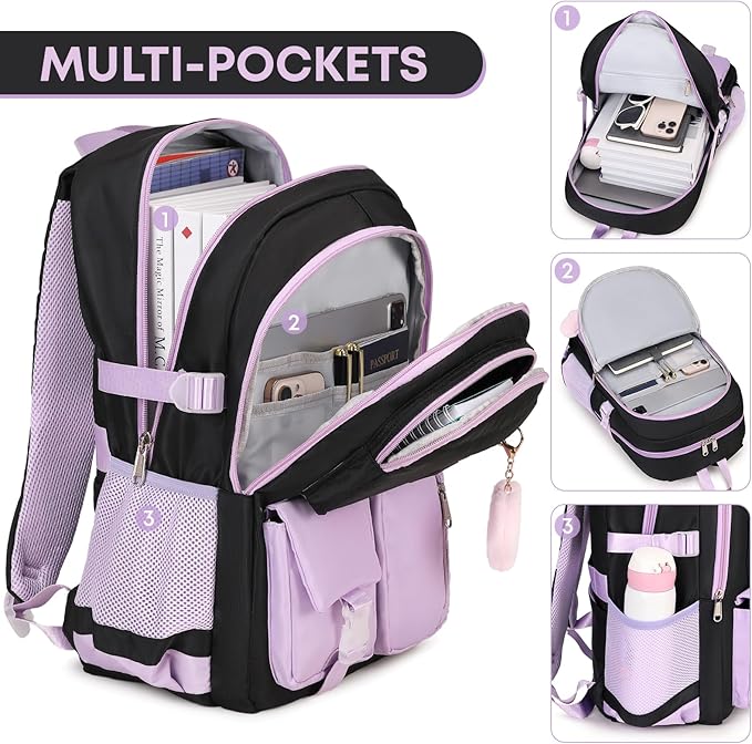3PCS Backpack For School Women College Middle High Teen Girls Student Bookbag Waterproof Laptop Bag Black Purple