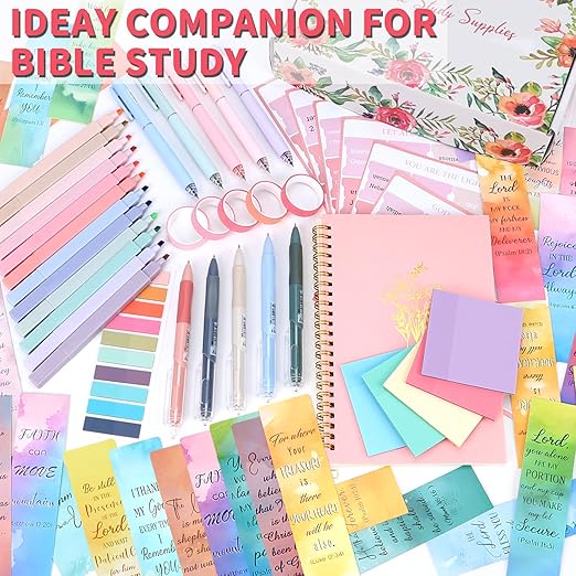 Bible Study Supplies,Bible Journaling Kit for Women,Bible Study Kit with Pens,Highlighters,Tabs,Bible Bookmark,Notebook,Sticky Notes,Bible Accessories,Beginner Christian Gifts