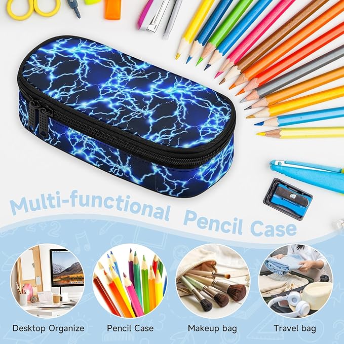 Lightning Large Pencil Case Big Capacity Blue Pencil Pouch for Boys Girls Teen Women Men Adult, Portable Kids Pencil Bag with Zipper, Stationery Storage Pen Bag for School Supplies Office Organizer