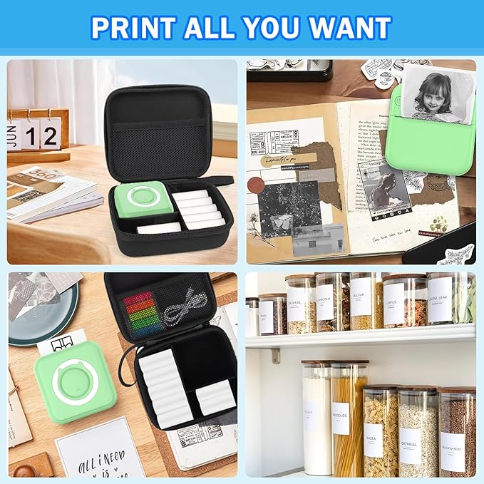 Green Mini Pocket Printer with Black Case, Thermal Printers with 10 Rolls Thermal Paper, Portable Photo Printer for Travelling, Journal, Memo, Photo, Study Notes, Shopping Lists