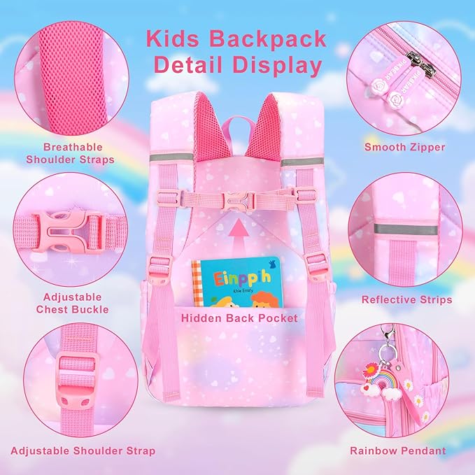 Girls Backpack Set 3 IN 1,Cute Rainbow Kids Backpack with Insulated Lunch Box Pen Case Set Student School Bag(Pink-3 pieces set)