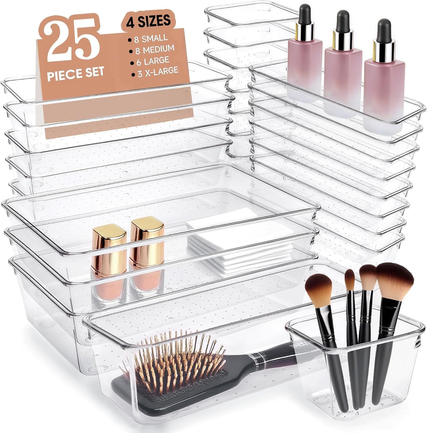 Clear Acrylic Drawer Organizers Set Storage for Makeup, Office Desk Small Vanity Trays for Drawer Bathroom Plastic Make up Organizers 25 Pcs