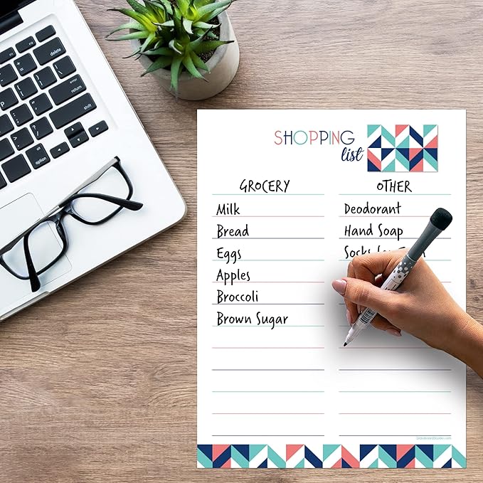 Dry Erase Shopping List Vinyl Sticker Decal Whiteboard by Glassboard Studio | Removable & Reusable | Magnetic Fine-Tip Marker Included (9 x 12 inches, Geometric)