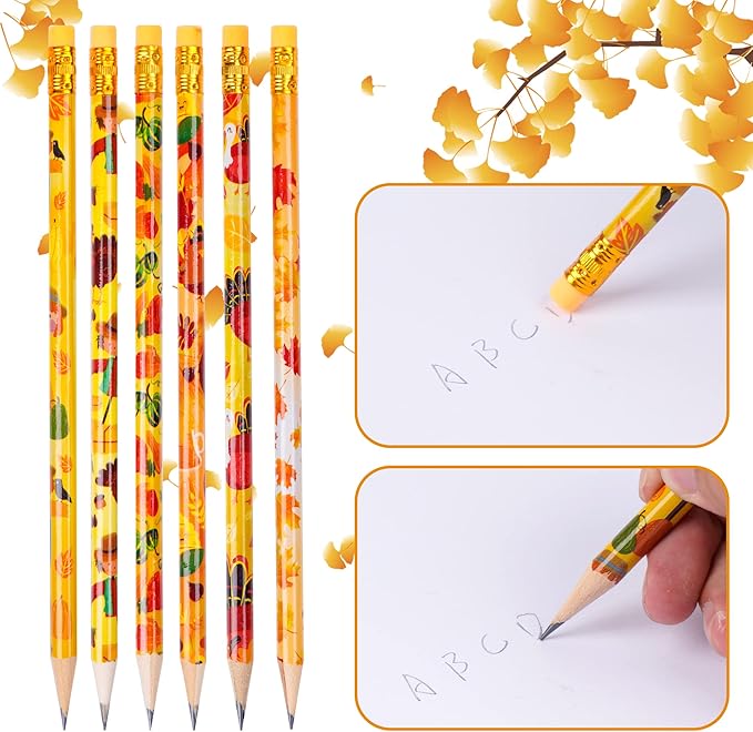 Kolewo4ever 100 Pieces Fall Pencils Thanksgiving Party Pencils Assortment Cylinder Wood Pencil Maple Leaf Autumn Turkey Pencil For Thanksgiving Pumpkin Autumn Gift,6 Styles