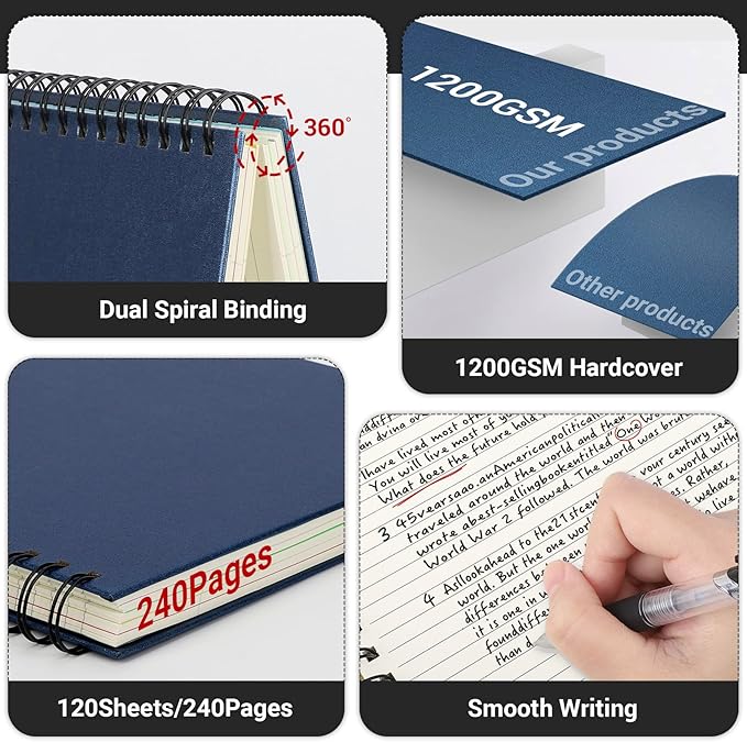 EUSOAR Spiral Notebook College Ruled, 3pcs A5 5.5"x8.3" 5 Subject Writing Pad, Thick Hardcover, 100GSM 120Sheets/ 240Pages of Lined Paper, for School, Home Supplies, Office and Business, Royal Blue