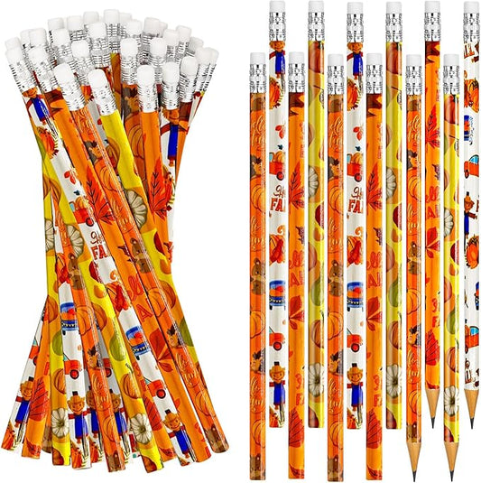 Cinrobiye 100 Pieces Fall Thanksgiving Day Pencils with Eraser Holiday Fall Maple Leaf Autumn Pumpkins Wood Scarecrow Acorns Pencils for Harvest School Party Gift Supplies