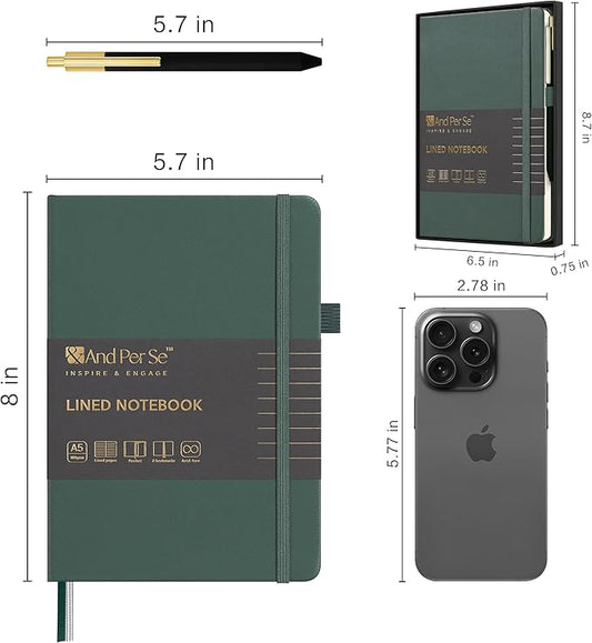 A5 Lined Leather Journal and Pen Set, Hardcover Notebook with Pen, 160 Pages 100gsm Thick Ruled Paper for Men Women, for Work, Business, School or Home Writing, 5.7'' x 8'', Gift Box Included(Green)