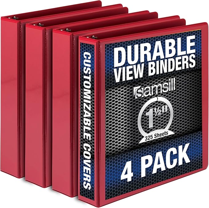 Samsill Durable 1.5 Inch Binder, Made in the USA, Round Ring Customizable Clear View Binder, Red, 4 Pack (MP48453)