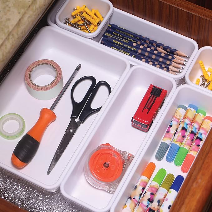 Set of 12 Interlocking Desk Drawer Organizer Tray Dividers Plastic Shallow Narrow Drawers Organizers Separators Storage Bins Container for Kitchen Bathroom Makeup Office Vanity Bedroom Dresser White