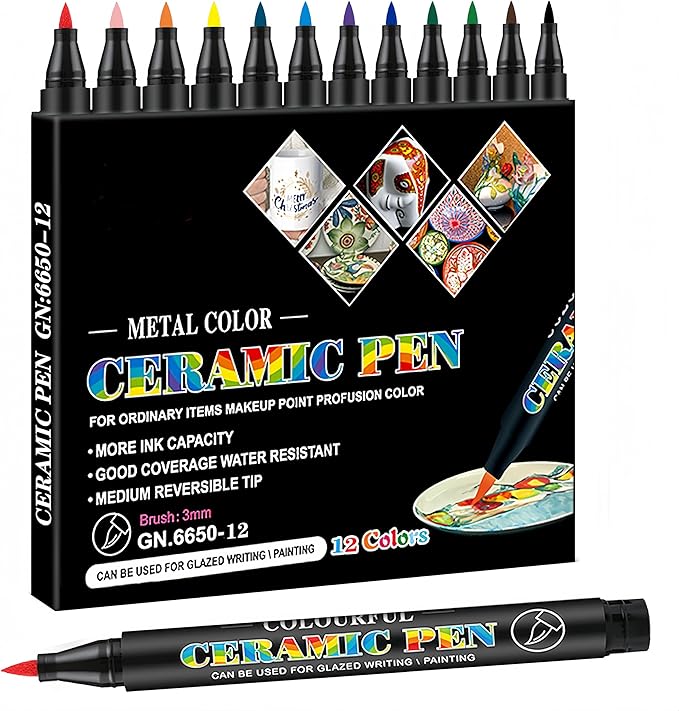 Permanent Marke Ceramics Pens 12 Colors Porcelain Paint Brush Pen for Both Glazed and Unglazed Ceramics Christmas Decoration Wine Markers