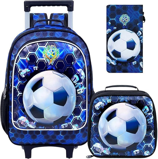 CCJPX 3PCS Soccer Rolling Backpack for Boys, Roller School Bookbag with Lunch Box, Football Water Resistant Wheeled Backpacks for Teens Elementary Travel-Blue