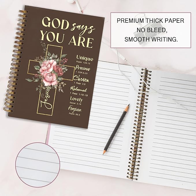 Bible Notebook, A5 Spiral Christian Journal with Floral Notebook, Bible Verse-God Says You Are, Inspirational Notebooks for Women, Bible Study, Gift for Birthday Christmas, Office Supplies (Brown)