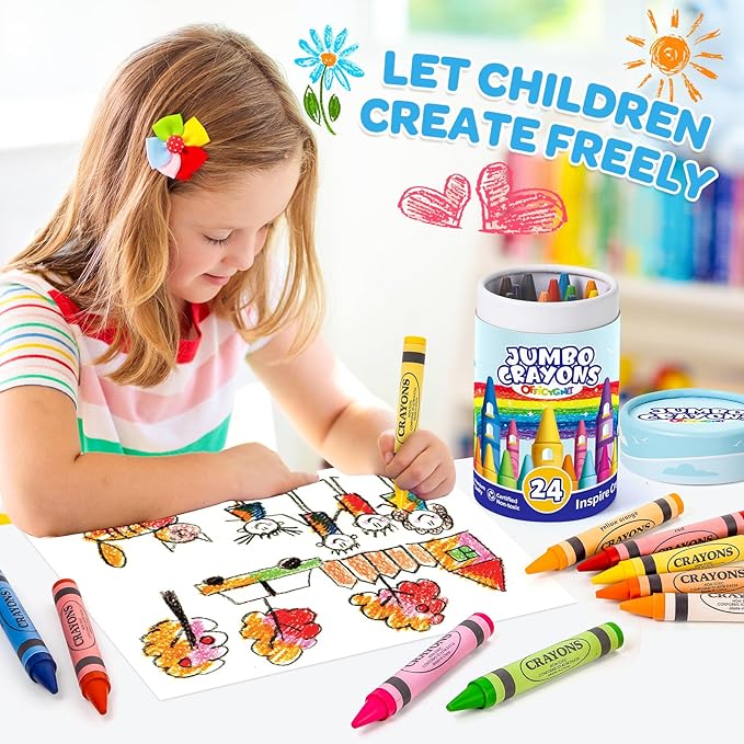 24 Colors Jumbo Crayons for Toddlers 1-3, Easy to Hold Large Crayons for Kids Ages 2-4, Non-Toxic Big Crayon for Kids Coloring & Art Supplies, Ideal Birthday Gift Easter Party Favor for Boys Girls