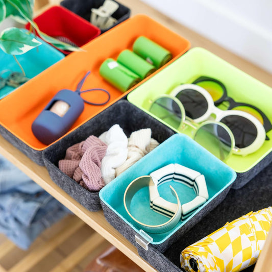 Three by Three Seattle Felt·Like·It! Felt Bins for Office, Crafts, Classroom, Living Room, Bedroom: Includes Expandable Sliding Bin for Custom Fit, Multicolor, Set of 8