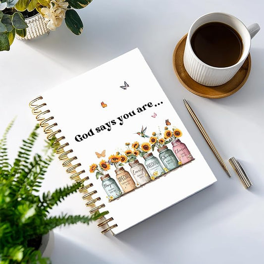 Bible Notebook, A5 Spiral Christian Journal with Sunflower Notebook, Bible Verse-God Says You Are, Inspirational Notebooks for Women, Bible Study, Gift for Birthday Christmas, Office Supplies