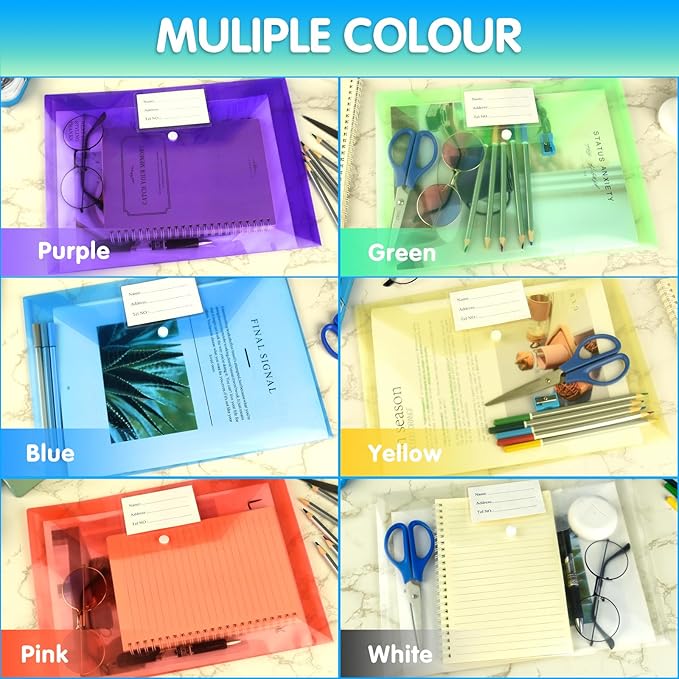 NACHLYNN 18 Pack Plastic Envelopes Plastic Folders with Snap Closure, 6 Colors A4 Size Clear File Envelopes with Label Documents Folders Organizers for Home Work Office Organization
