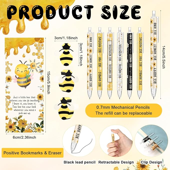 30 Sets Inspirational Bee Gifts Bulk 6 Styles 0.7 mm Motivational Mechanical Pencils with Erasers Positive Cards Back to School Gifts for Student Teacher Coworker Office Supplies