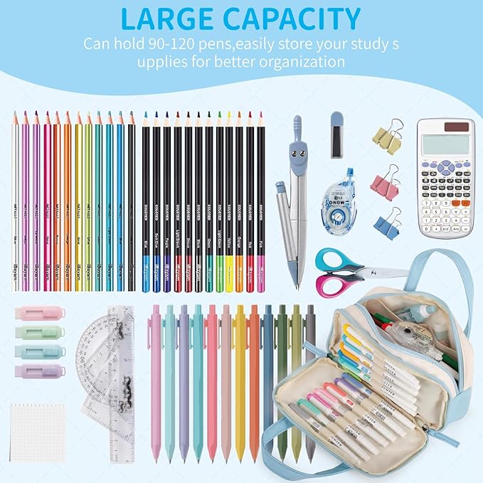 2 Compartment Pencil Case For Girls,Zipper Pencil Bag With Handle, Large Capacity quilting Pencil Pouch Organizer Aesthetic, Womens Soft Pencil Box Marker Pouch For Middle School Office College