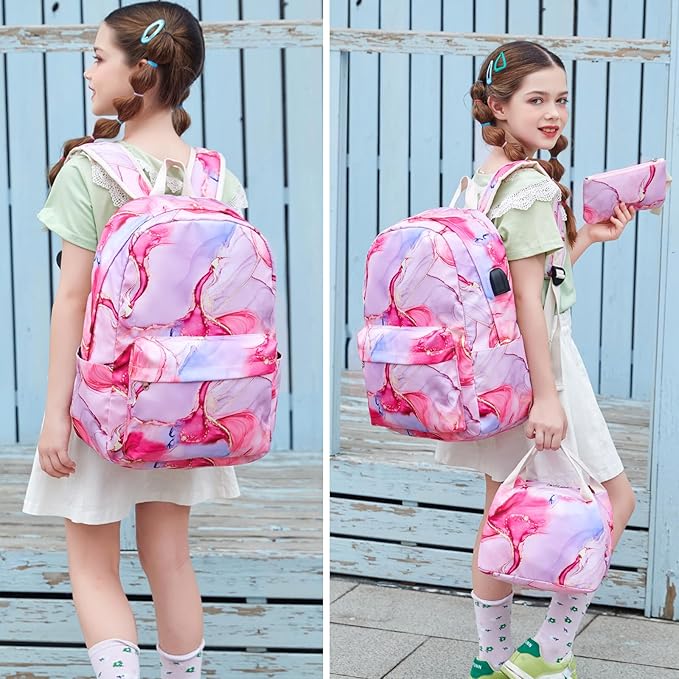 Teen Girls School Backpack Kids Bookbag Set with Lunch Box Pencil Case Travel Laptop Backpack Casual Daypacks, Large, Pink-marble