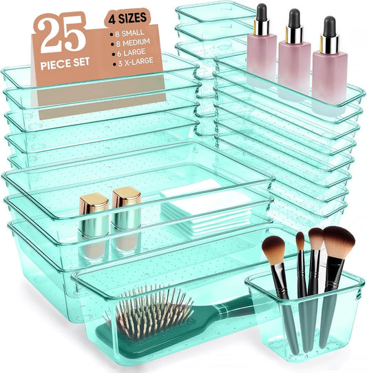 Kitchen Desk Drawer Organizers Storage for Office, Small Acrylic Vanity Trays Makeup for Drawer Bathroom Plastic Make up Organizers 25 Pcs Green