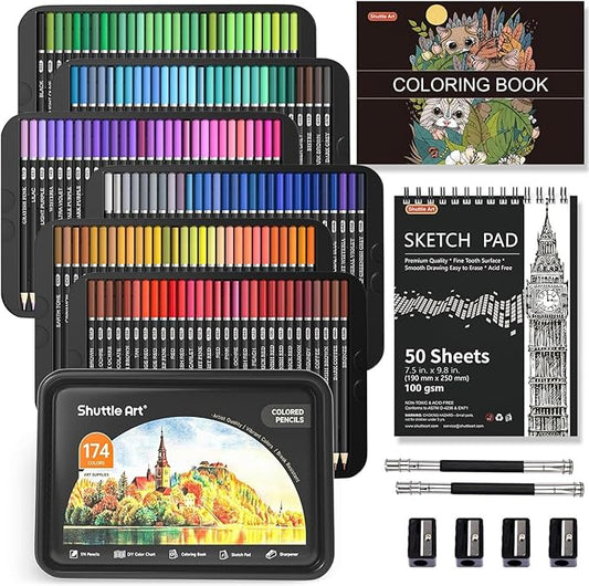 174 Colors Professional Colored Pencils, Shuttle Art Soft Core Coloring Pencils Set with 1 Coloring Book,1 Sketch Pad, 4 Sharpener, 2 Pencil Extender, Perfect for Artists Kids Adults Coloring, Drawing
