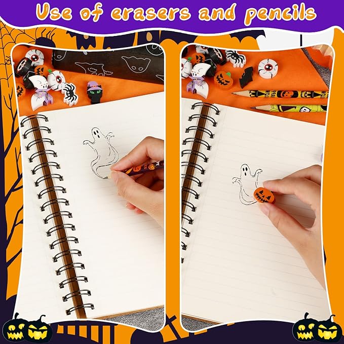 JULMELON 72PCS Halloween Party Favors Set,36PCS Halloween Pencils with 36PCS Ghost Pumpkin Skeleton Bat Spider Erasers, Wooden Pencils for Kids School Classroom Office Party Reward Supplies