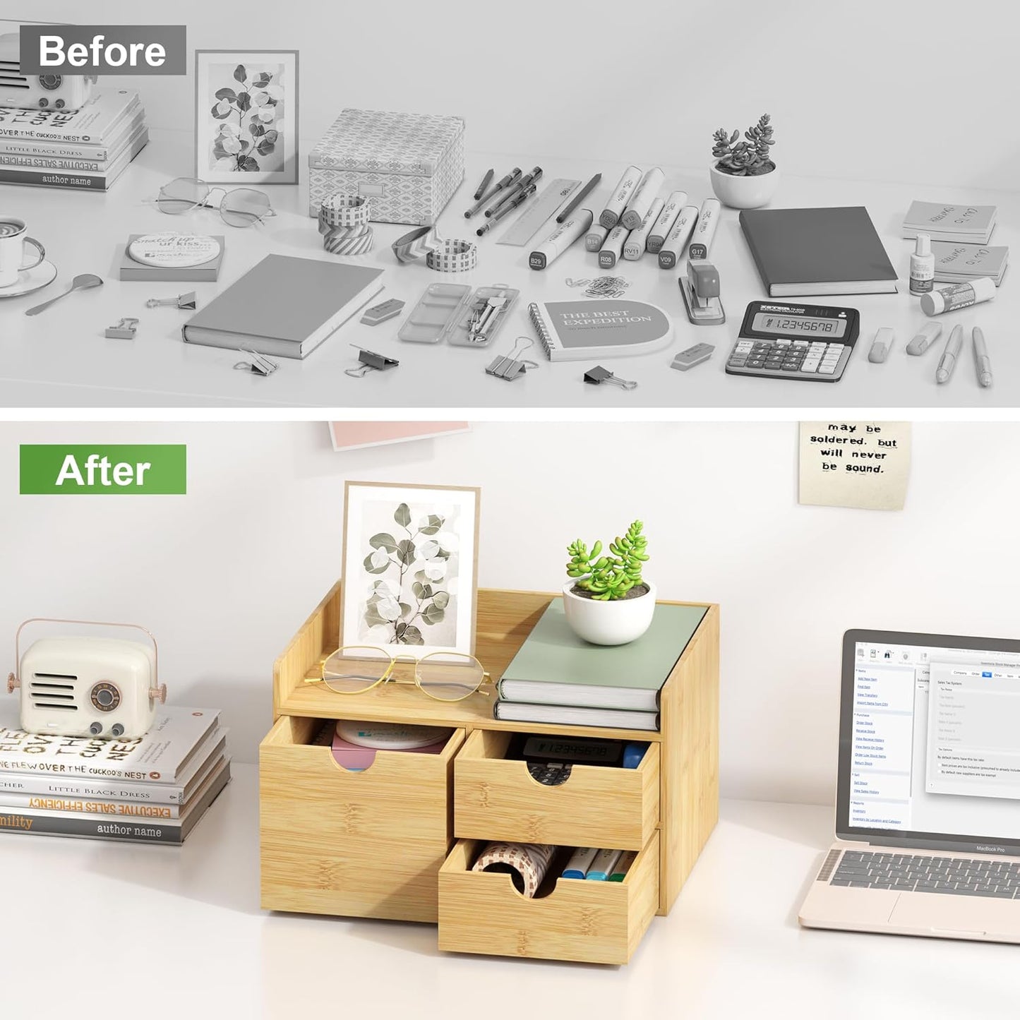 Desk Organizer with Drawers - Bamboo Desktop Organizer Storage | Wood Desk Drawers Organizer for Bills, Office Supplies, Cosmetics, Seals No Assembly Required (3 Drawer with Big Drawer)