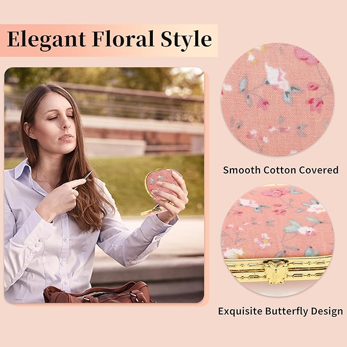 VOCOSTE Compact Pink Flower Pocket Mirror - Oval Mini Folding Mirror for Purse, Travel or Home