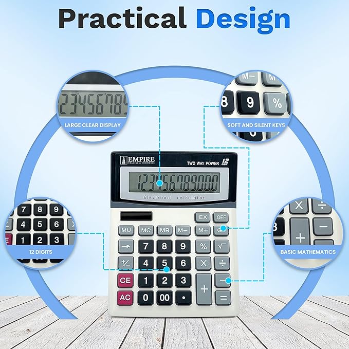 Empire Desk Calculator with Large Key Buttons, 12-Digit Large Eye-Angled Display, Solar & Battery Powered - Basic Calculator for Students, Home and Office Use (Battery Included)