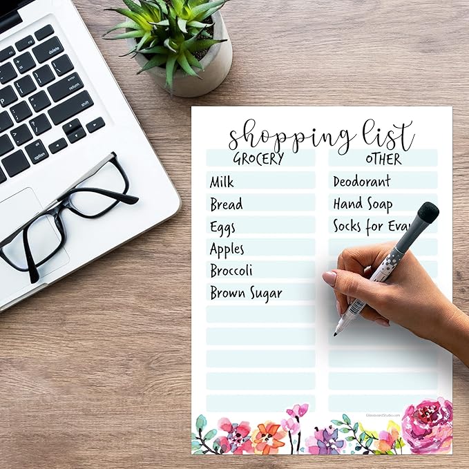 Dry Erase Shopping List Vinyl Sticker Decal Whiteboard by Glassboard Studio | Removable & Reusable | Magnetic Fine-Tip Marker Included (9 x 12 inches, Floral)