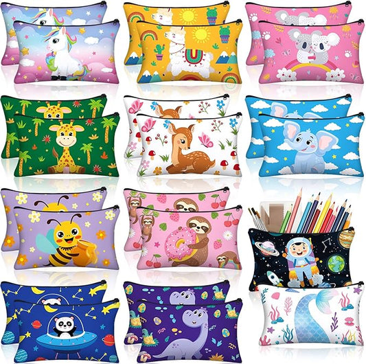 Hosuly 24 Pcs Bulk Cartoon Zipper Pencil Case Pouch Cute Cartoon Animal Pen Bag Multicolored Mermaid Panda Bee Canvas Pencil Pouch Organizer for Boy Girl Kids Stationary Storage School