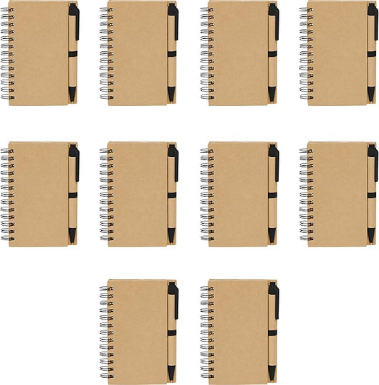 Mini Spiral Notebooks with Black Ink Pens Set of 10, Bulk Pack - Perfect for School, Office, Business, Home - Black
