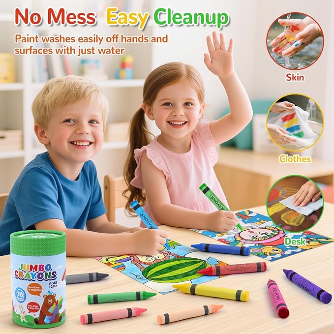 Jumbo Crayons for Toddlers 1-3 - 16 Colors Washable Toddler Crayons for Kids Ages 4-8 & 2-4, Non-Toxic, Silky Easy-Grip Large Crayon for Kids Art Coloring, Back to School Supplies,Classroom Must Haves