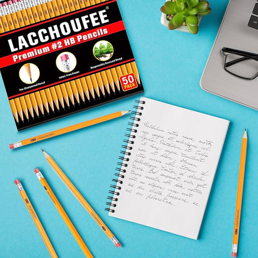 LACCHOUFEE 50 Pack #2 Pre-Sharpened Pencils With Eraser Top, 2 HB for Writing Drawing, Yellow Wood-Cased in Bulk for Office, School, Teacher and Classroom Supplies