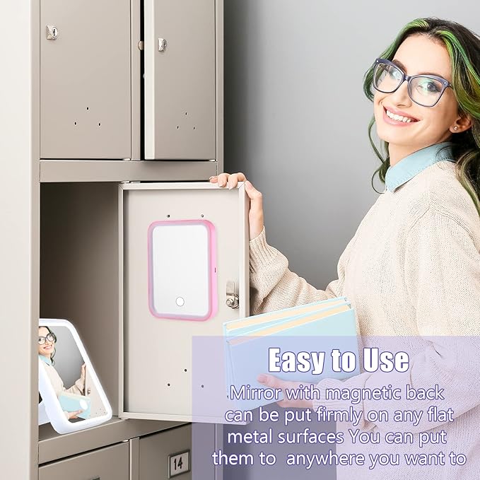 Sintuff 2 Pcs Light Up Locker Mirror Accessories Rectangular Magnetic Mirror for Locker, Bathroom, Household Refrigerator, Workshop Toolbox or Cabinet(Pink, White)