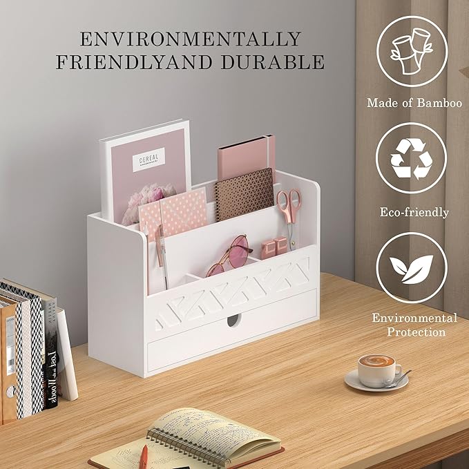 Wisuce Bamboo Mail Organizer Countertop Desktop with Drawer - Desk Organizer with File Organizer for Office Supplies All-in-One Desk File Organizer with Pencil Holder for Paper Letter Envelope Bill
