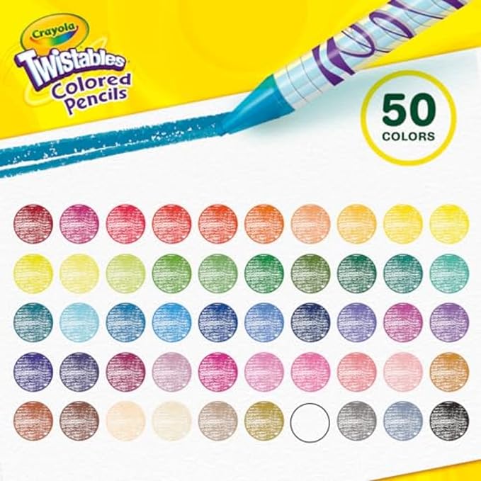 Crayola Twistables Colored Pencil Set for Kids (50ct), No Sharpen Coloring Book Pencils, Essential Classroom Supplies, Cute Back to School Gifts for Kids, 4+