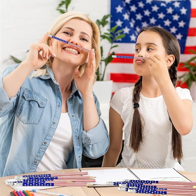Zuazaor 200 Piece Student Cute Wooden Pencils in Bulk American Flag Pencils with Eraser Wood Graphite Pencil for Kids Girls Boys (American Independence Day)
