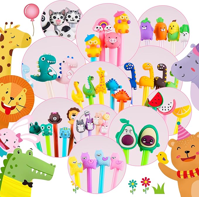 SAIWEILAI ONLINE 100 Pieces Kawaii Pens Cartoon Fun Pens Cute Animal Dinosaur Pen Black Gel Ink Writing Pen for Students Home Office School Supplies,50 Styles