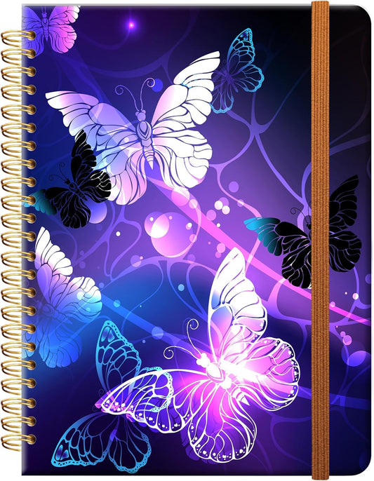 Ruled Spiral Writing Notebook,A5 Hardcover Lined College Journal for Women Lady,Fashion Puppy Watercolor Strong Twin-Wire Binding with Premium Paper,8.4" X 6",Perfect for School,Office,Home Gifts(Night Glowing Butterfly)