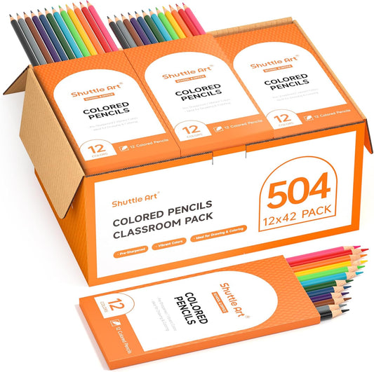 Shuttle Art 504 Colored Pencils Bulk, 12 Vibrant Colors, Pack of 42, Pre-sharpened Coloring Pencils, Wood Colored Pencil for Kids Teachers, Classroom Essentials, Back to School Supplies