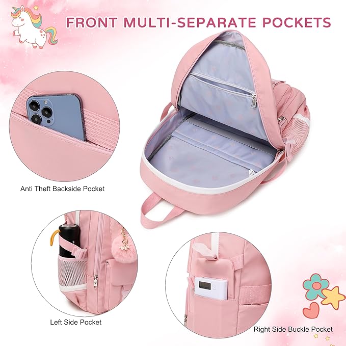 Girls Backpack,15.6 Inch Laptop School Bag Large Primary Elementary Middle College Bookbags Kids Backpacks for Teens Girls Women Students Anti Theft Travel Daypack (Pink)