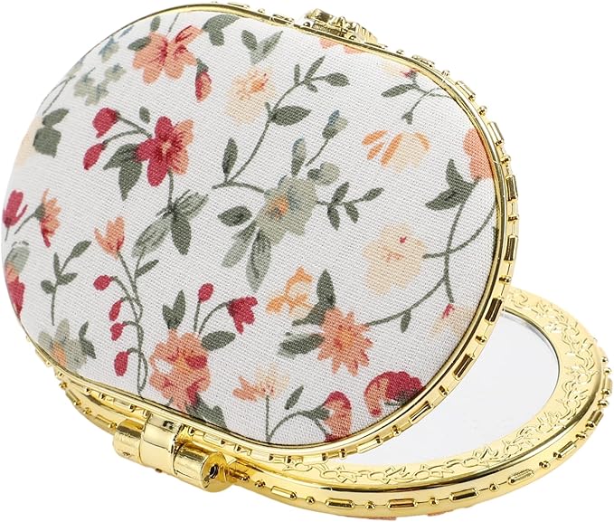 VOCOSTE Compact Mirror for Purses - Flower Pocket Mirror, Oval Mini, Floral Small for Purse, Vintage Folding Travel Portable for Women, White